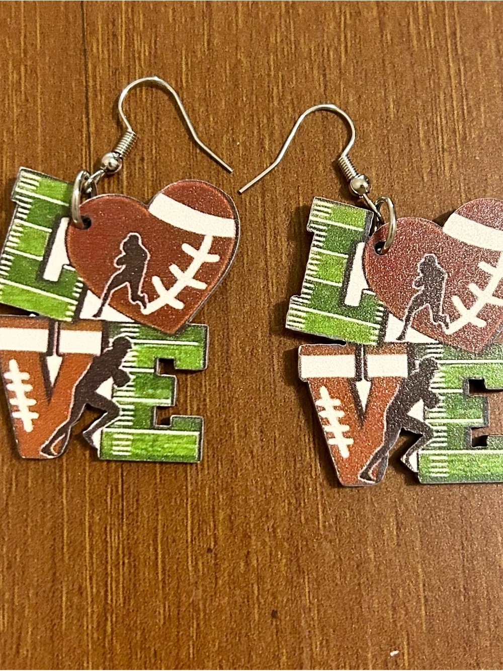 Love Football Green & Brown Statement Wooden Earrings - Unbranded. New.